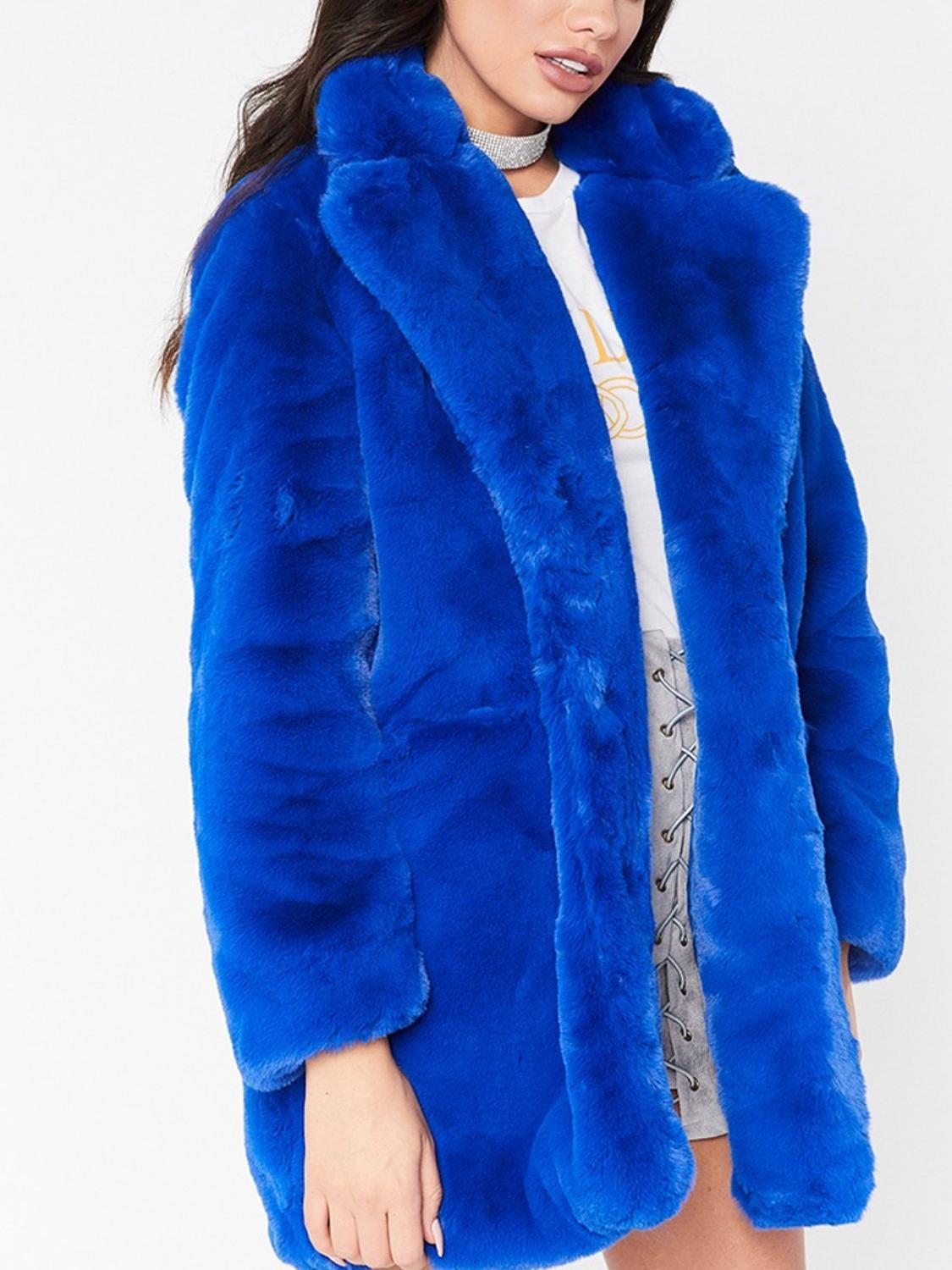 Faux Fur Blue Open Front Fuzzy Coat
